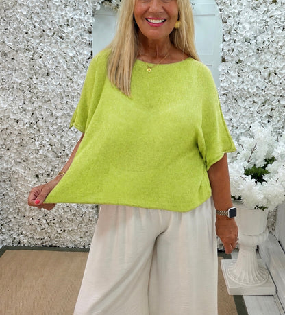 Leonie: Light weight fine knit short sleeve top. One size: 12-18. 7 colours