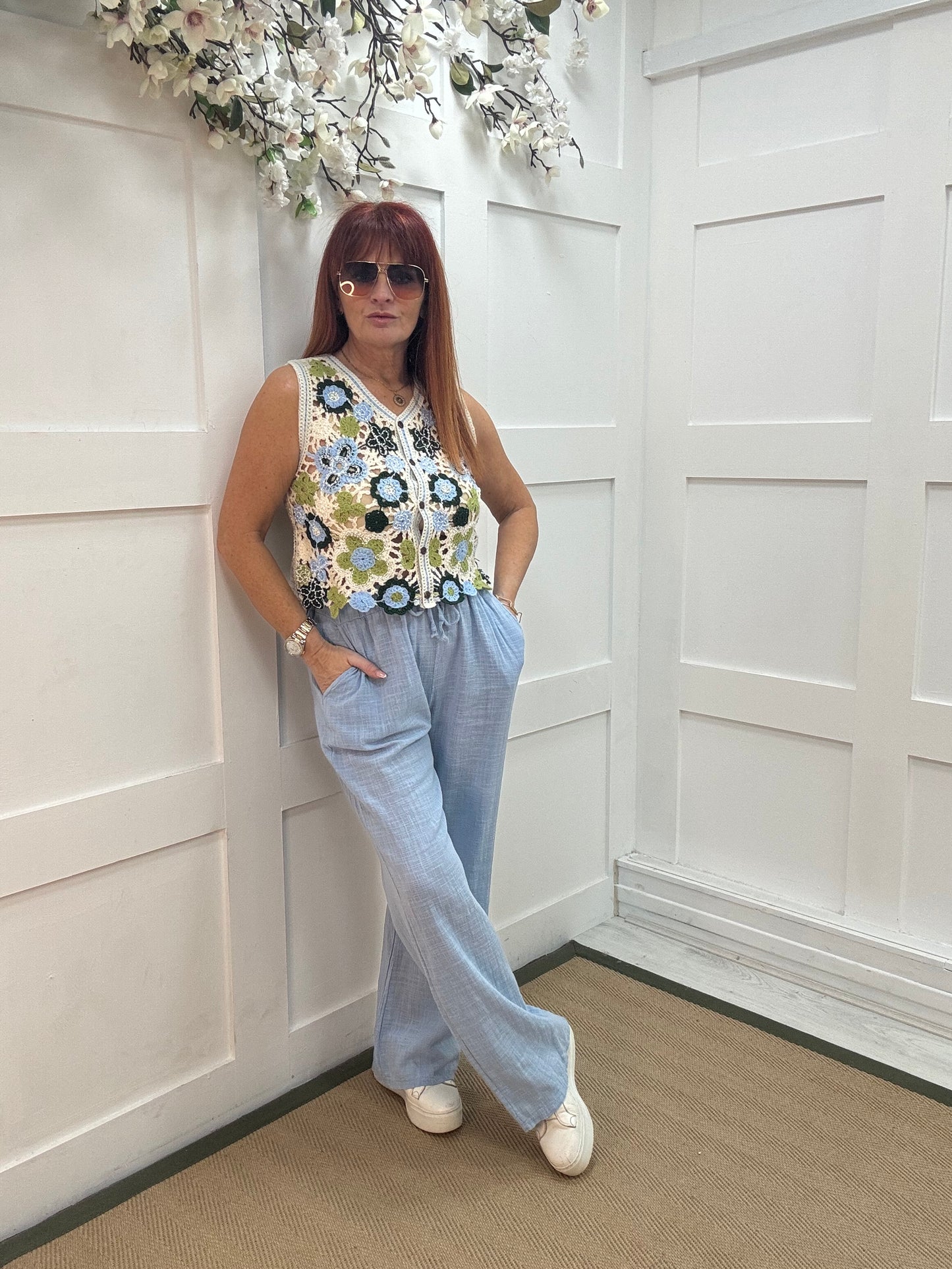 Tori: Soft blue cotton wide leg trousers. One size: 8-16