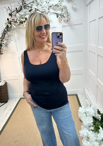 Abigail: Stretchy navy blue basic vest top. 2 sizes