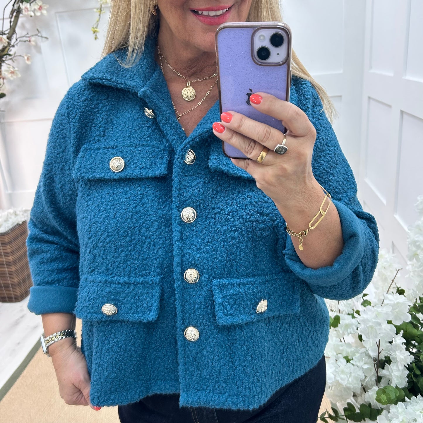 Bridget: Teal short boucle button jacket. One: 12-20