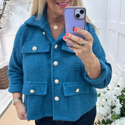 Bridget: Teal short boucle button jacket. One: 12-20