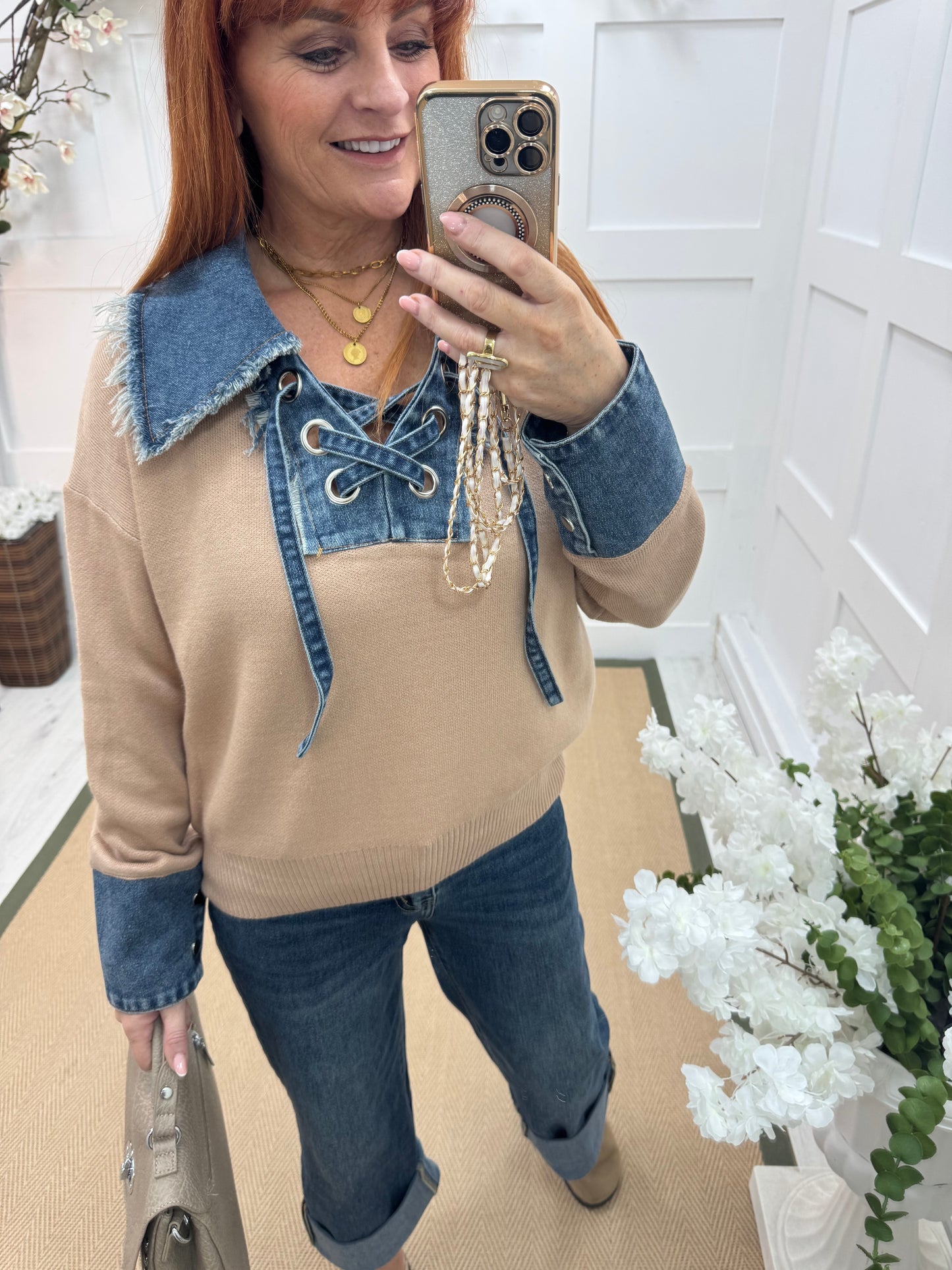 Malin: Sand denim collar long sleeve top. One size: 12-18