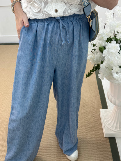 Leanne: Blue wide leg trousers. One size: 10-14