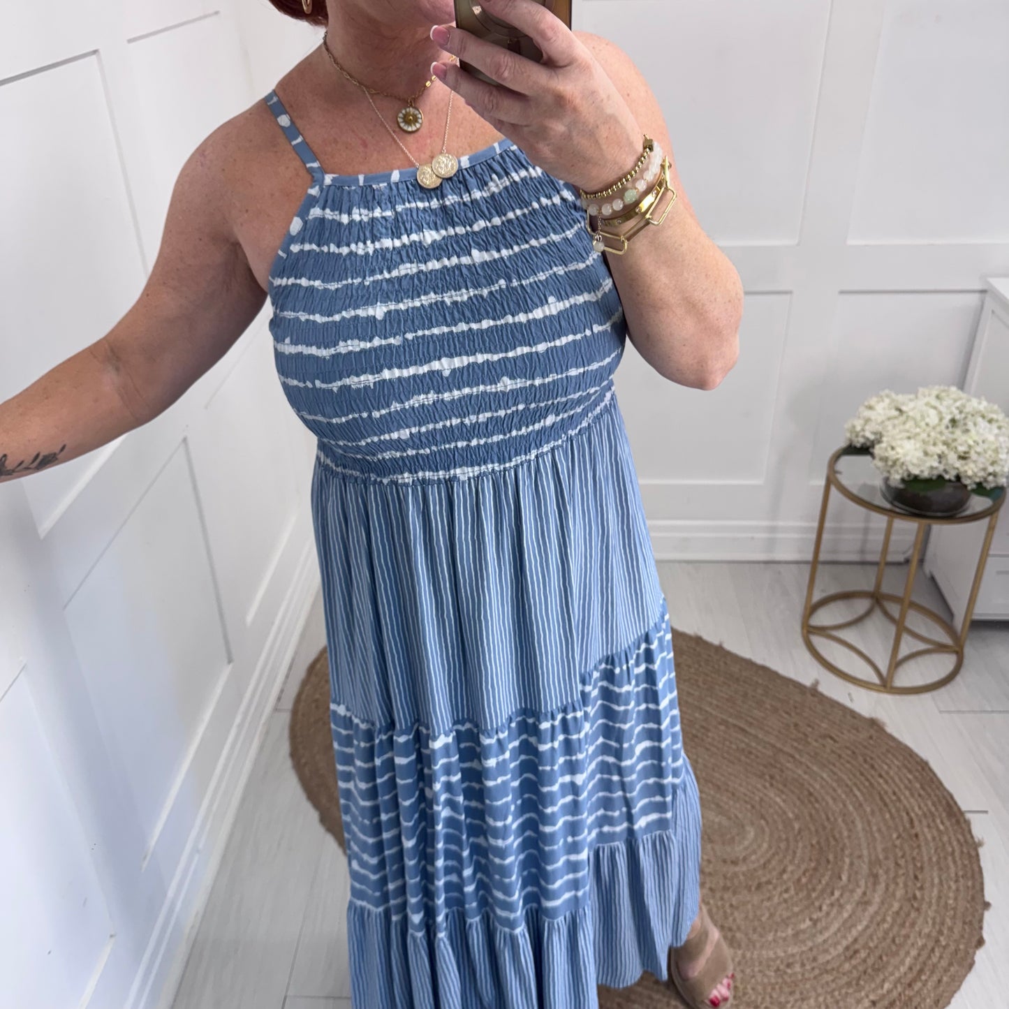 Serena: Blue strappy striped midi dress. One size: 10-14