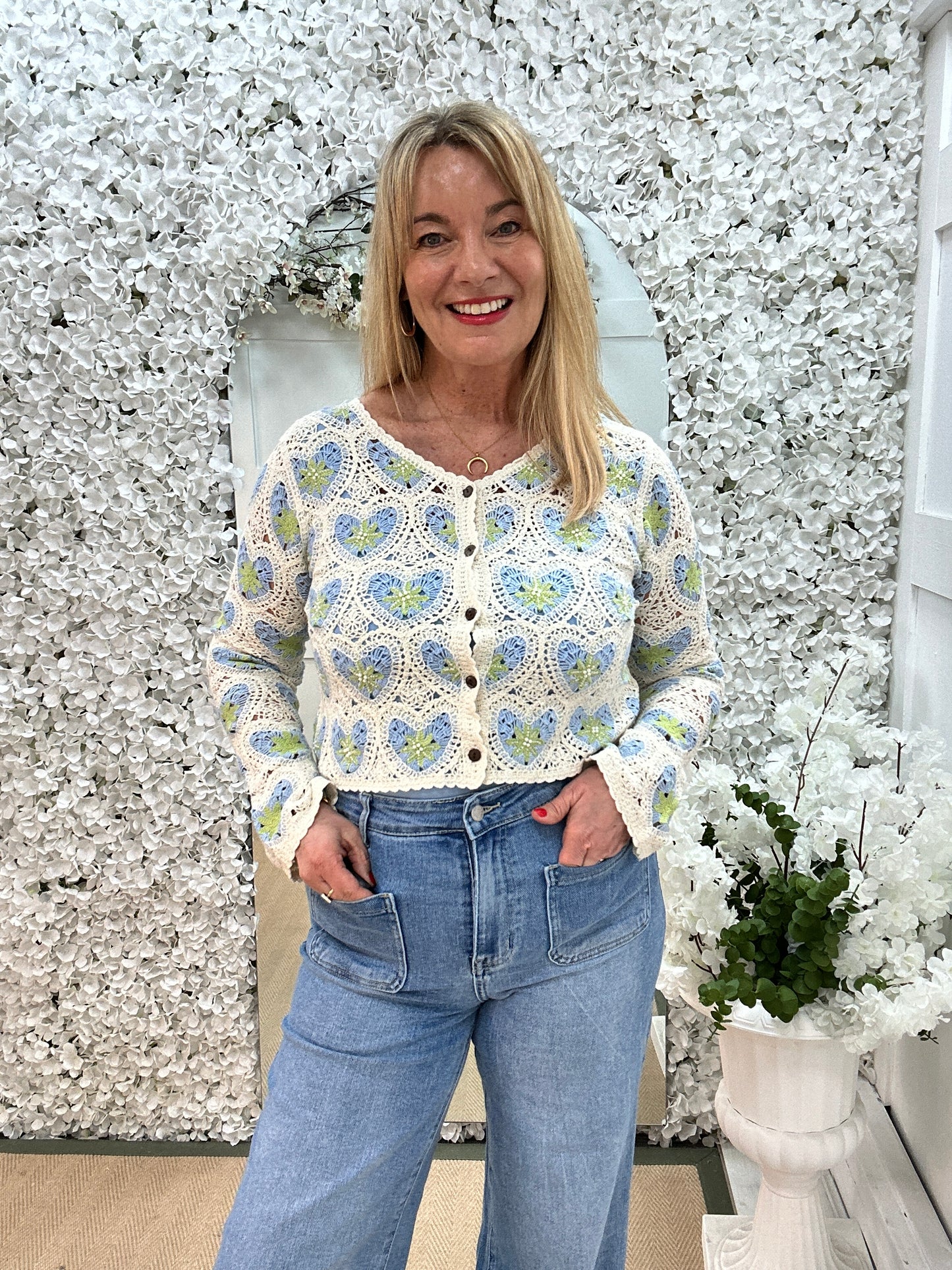 Gracie: Blue and cream heart crochet cardigan top. 2 sizes.