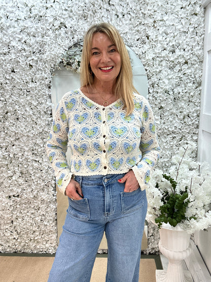 Gracie: Blue and cream heart crochet cardigan top. 2 sizes.