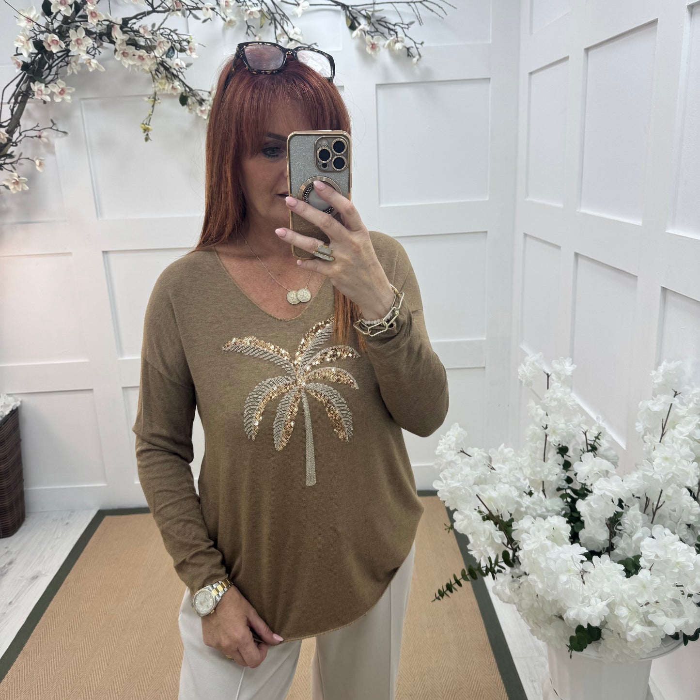 Pip: Coffee sequin palm tree top. One size: 10-16