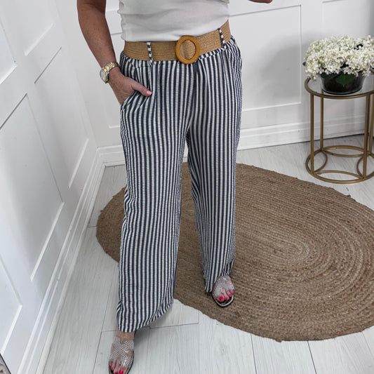 Tiff: Navy stripe wide leg belted trousers. One size: 8-14