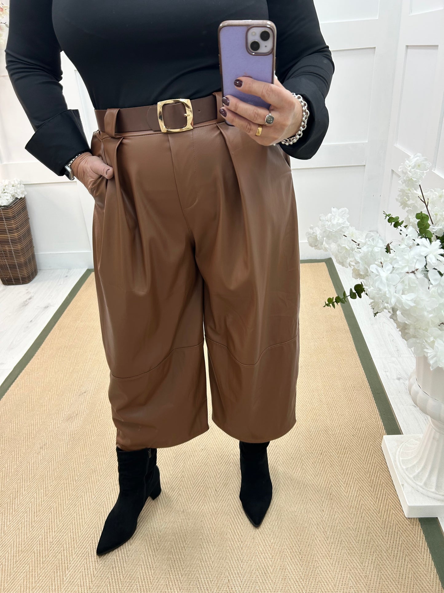 Allegra: Tan 3/4 faux leather belted trousers. One size: 14-18
