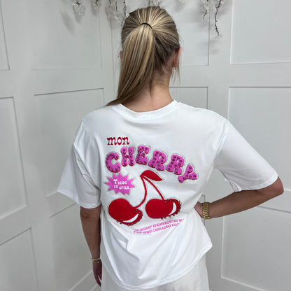 Chloe: White rhinestone cherry T shirt. 2 sizes