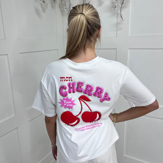 Chloe: White rhinestone cherry T shirt. 2 sizes