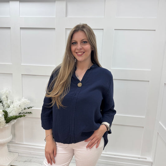 Carmen: Navy Made in Italy cheesecloth top. Sizes: 12-20