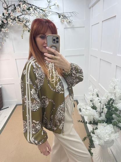 Macey: Olive green leopard printed bomber jacket. One size: 14-20