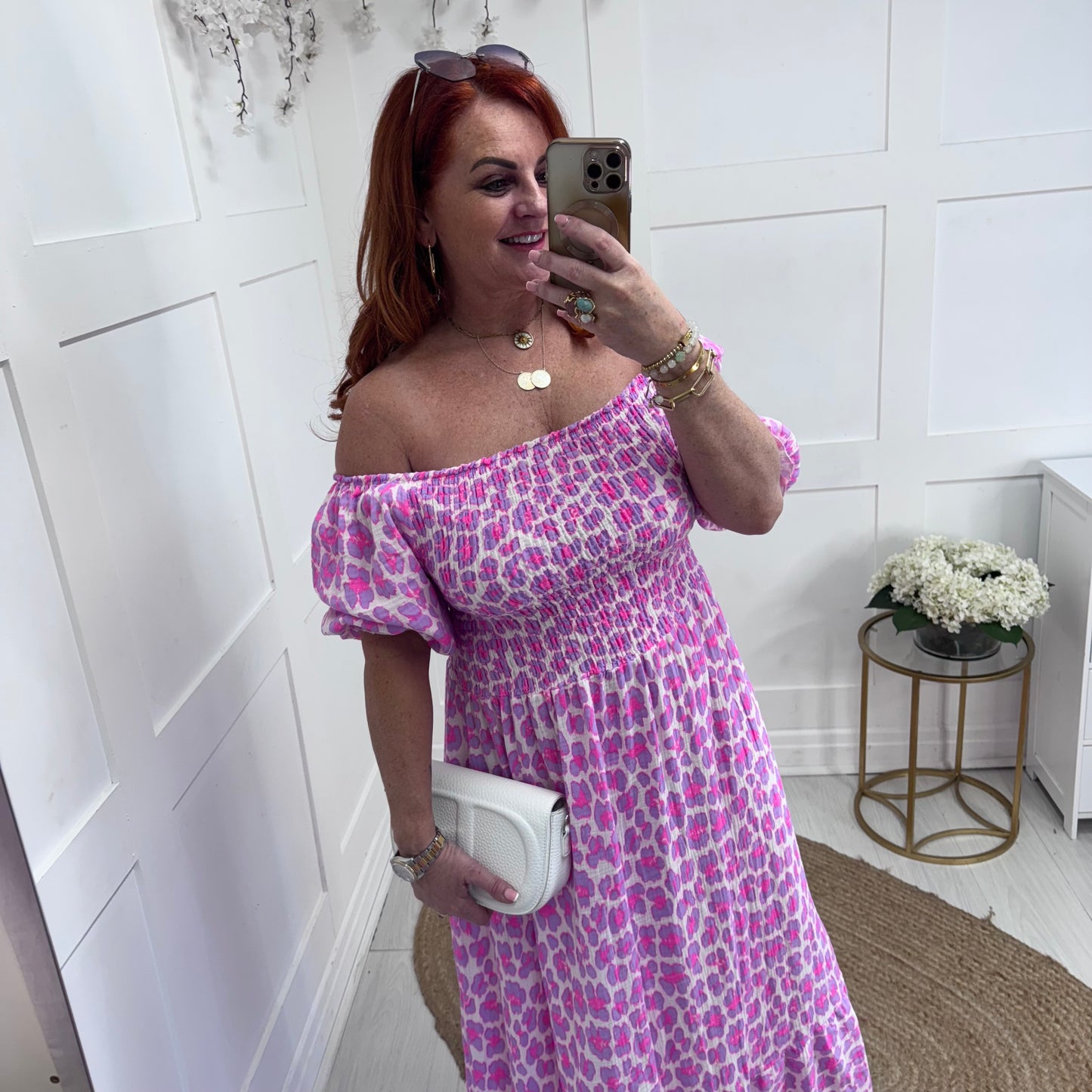 Cici: Lilac & pink leopard print stretchy maxi dress. One size: 10-22