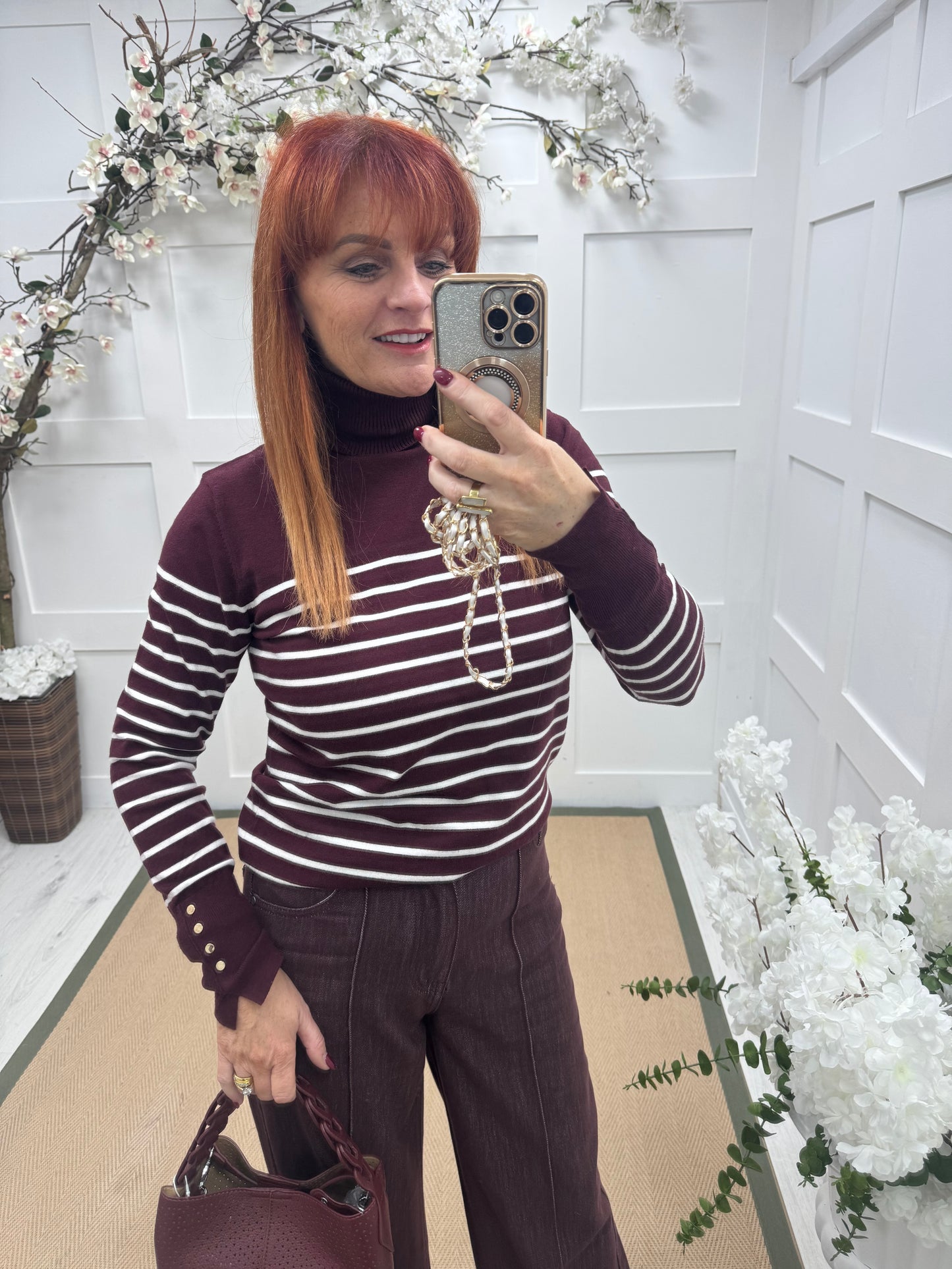 Karina: Burgundy & white striped polo neck top. One size 10-14
