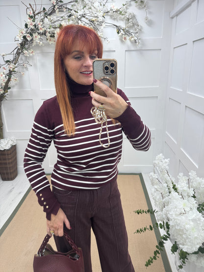 Karina: Burgundy & white striped polo neck top. One size 10-14