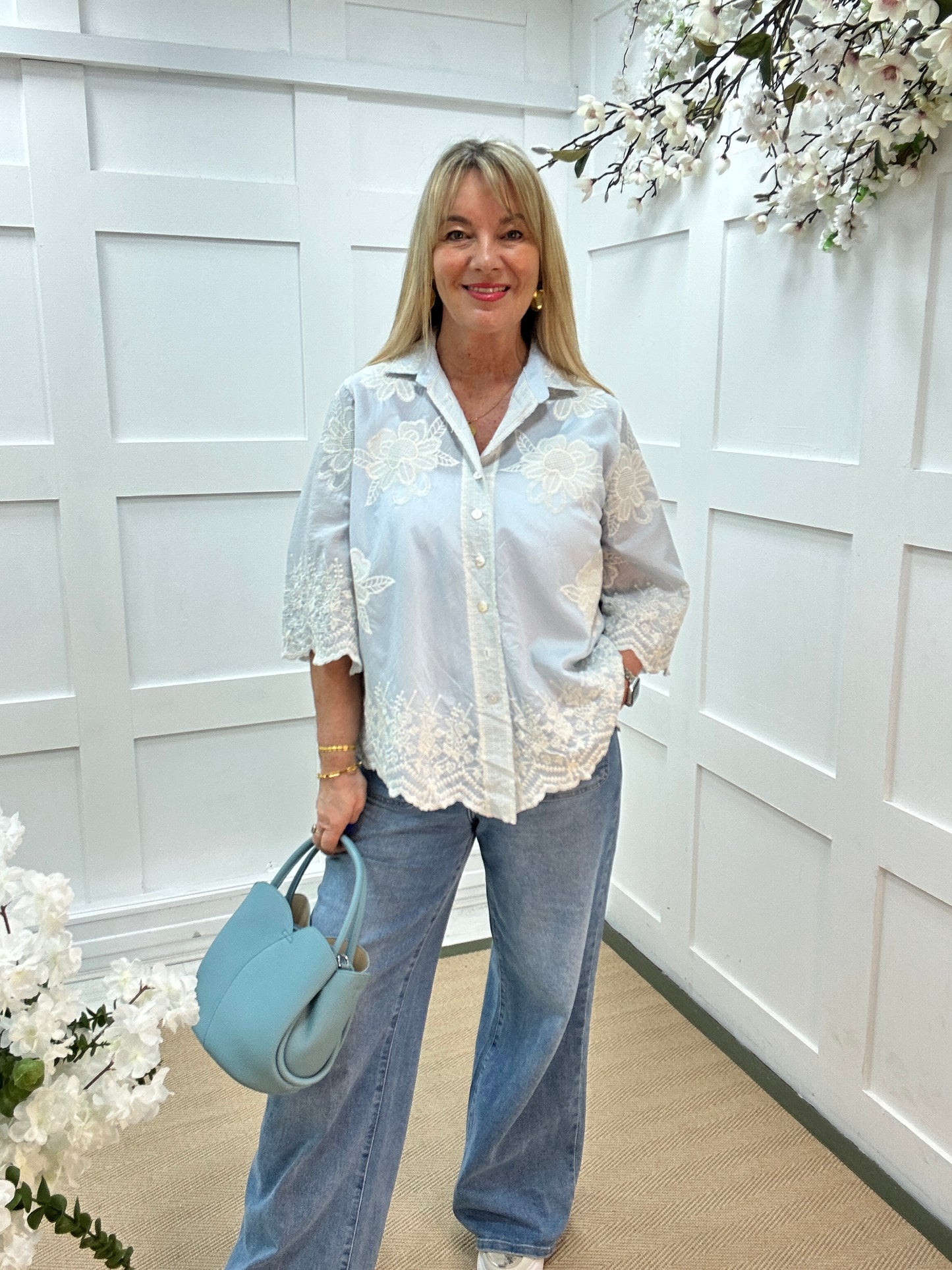 Emily: Blue floral embroidered shirt. One size: 14-20