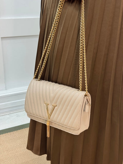 Clare: Beige quilted gold V evening bag