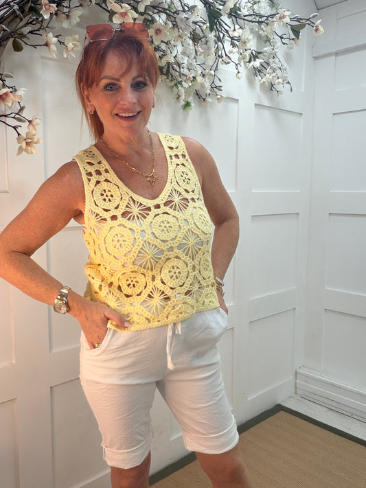Lula: Sleeveless crochet short top. One size: 10-14. 4 colours
