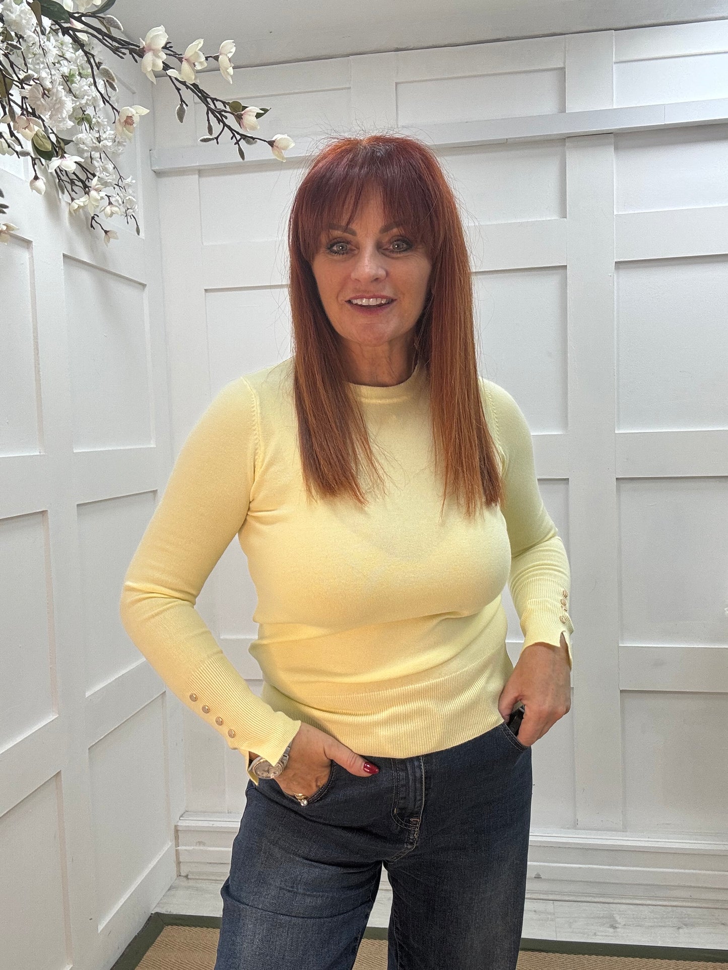 Lulu: Lemon gold button knitted top. One Sz: 8-14