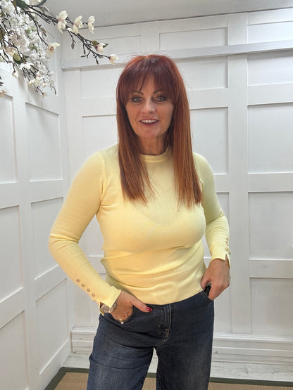 Lulu: Lemon gold button knitted top. One Sz: 8-14