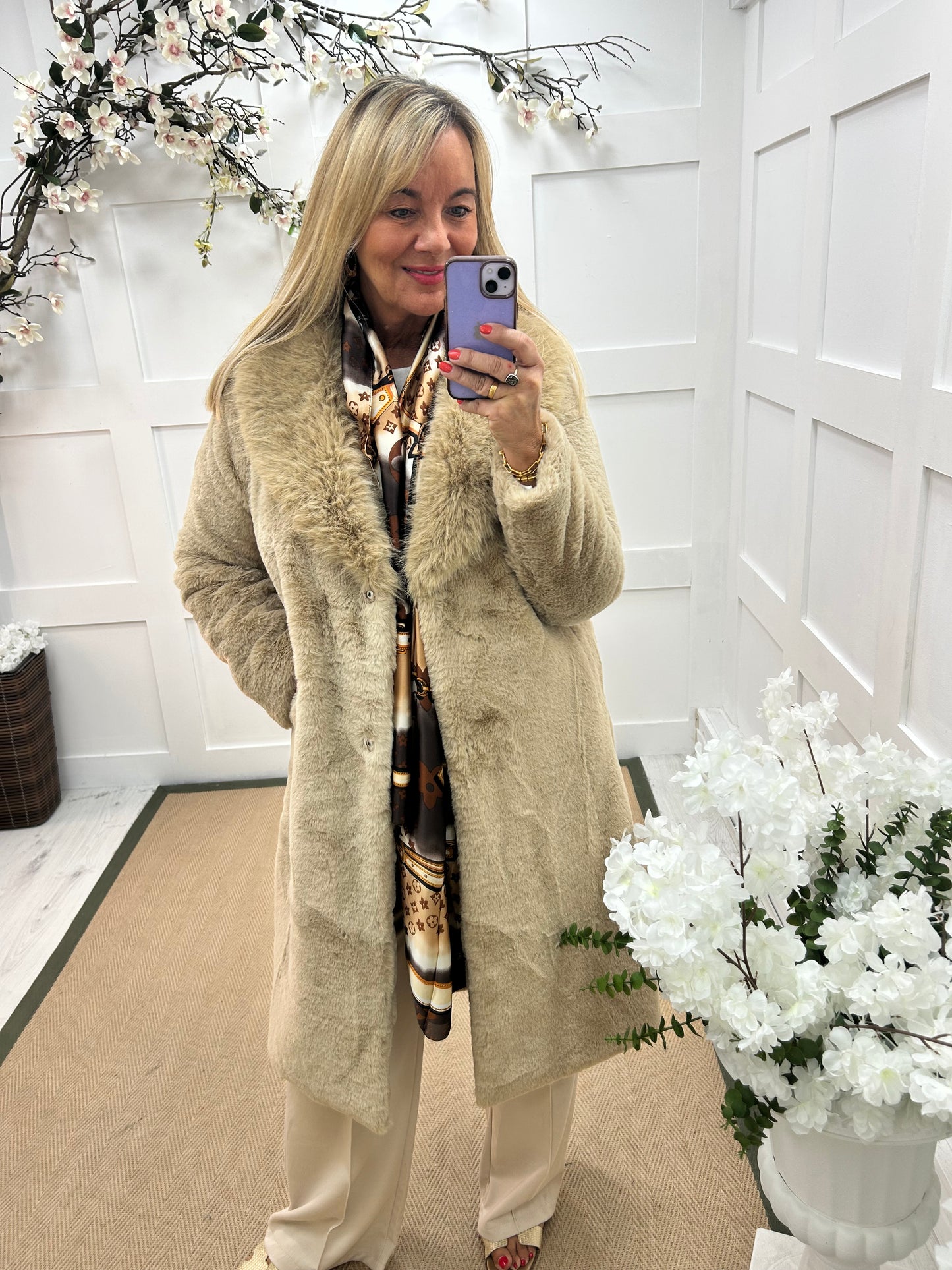 Madeleine: Beige long faux fur coat . One size 12-18