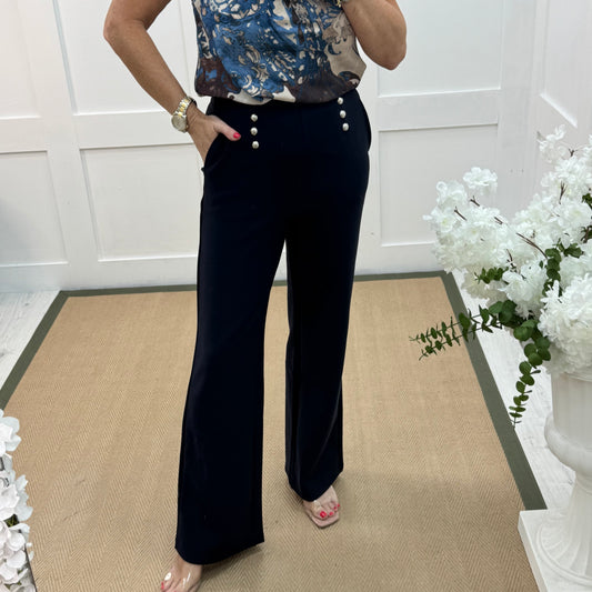 Paris: Navy stretchy gold button trousers. 4 sizes