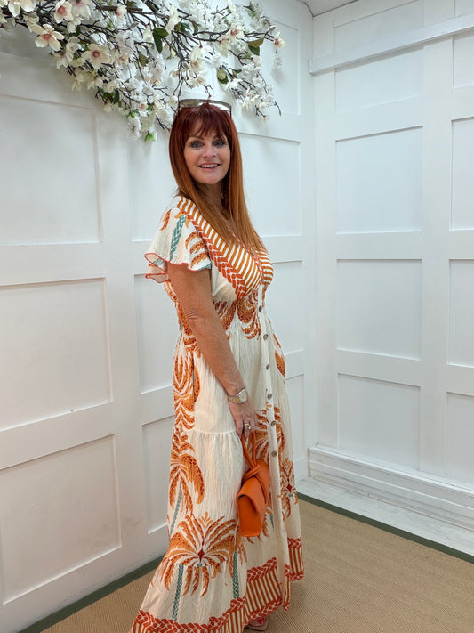 Pasha: Orange palm tree print V neck stretchy maxi dress. One size: 10-18