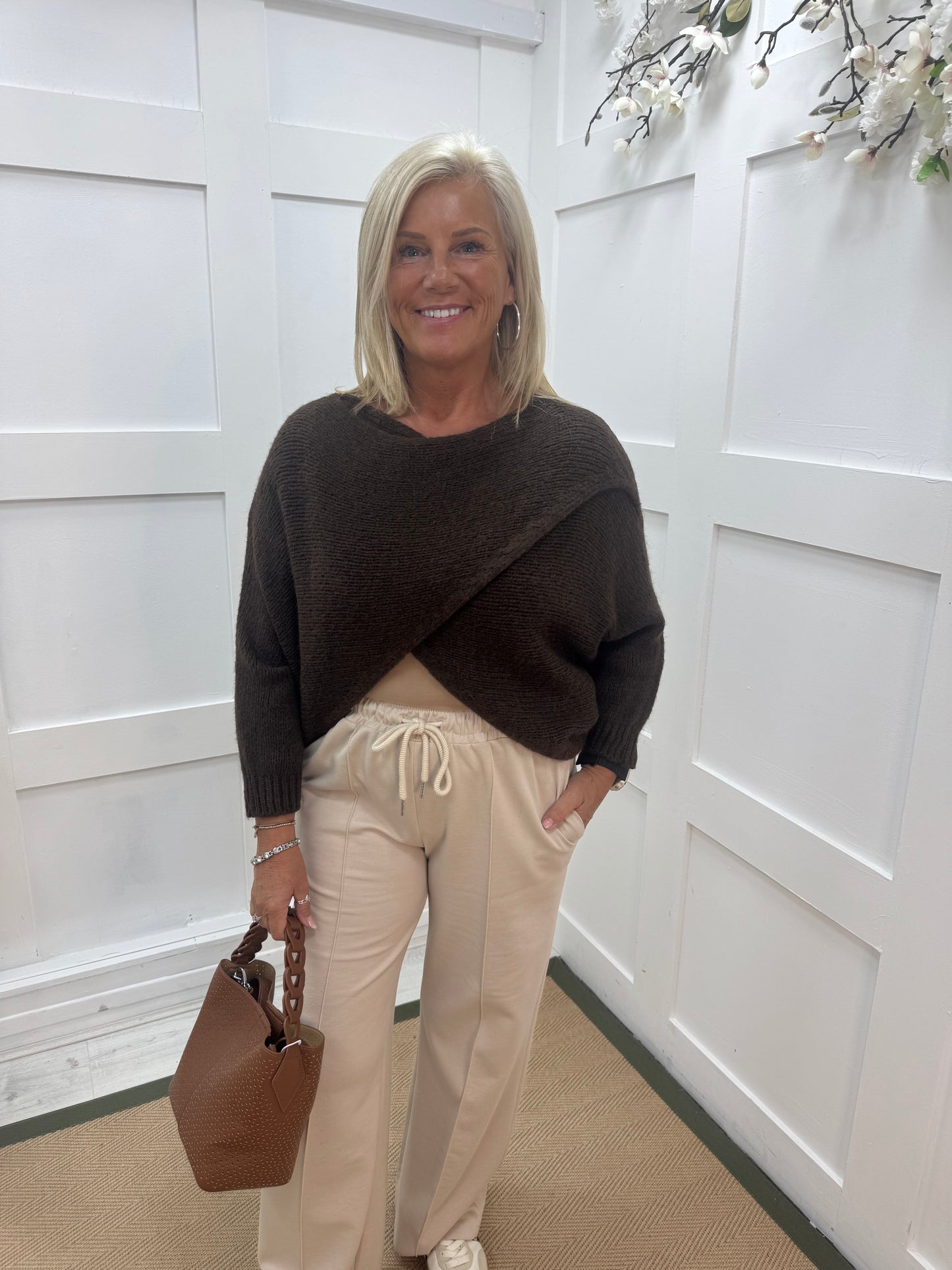 Willow: Chocolate brown stretchy short wrap top. One size: 10-18