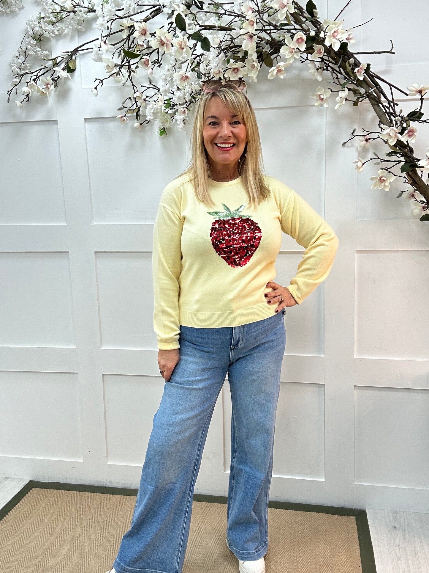 Ruby: Lemon strawberry sequin embroidered knitted top. Two sizes.