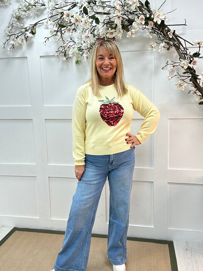 Ruby: Lemon strawberry sequin embroidered knitted top. Two sizes.