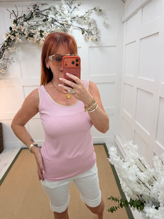 Lydia: Gold trim stretchy vest top. One size: 10-16. 3 colours