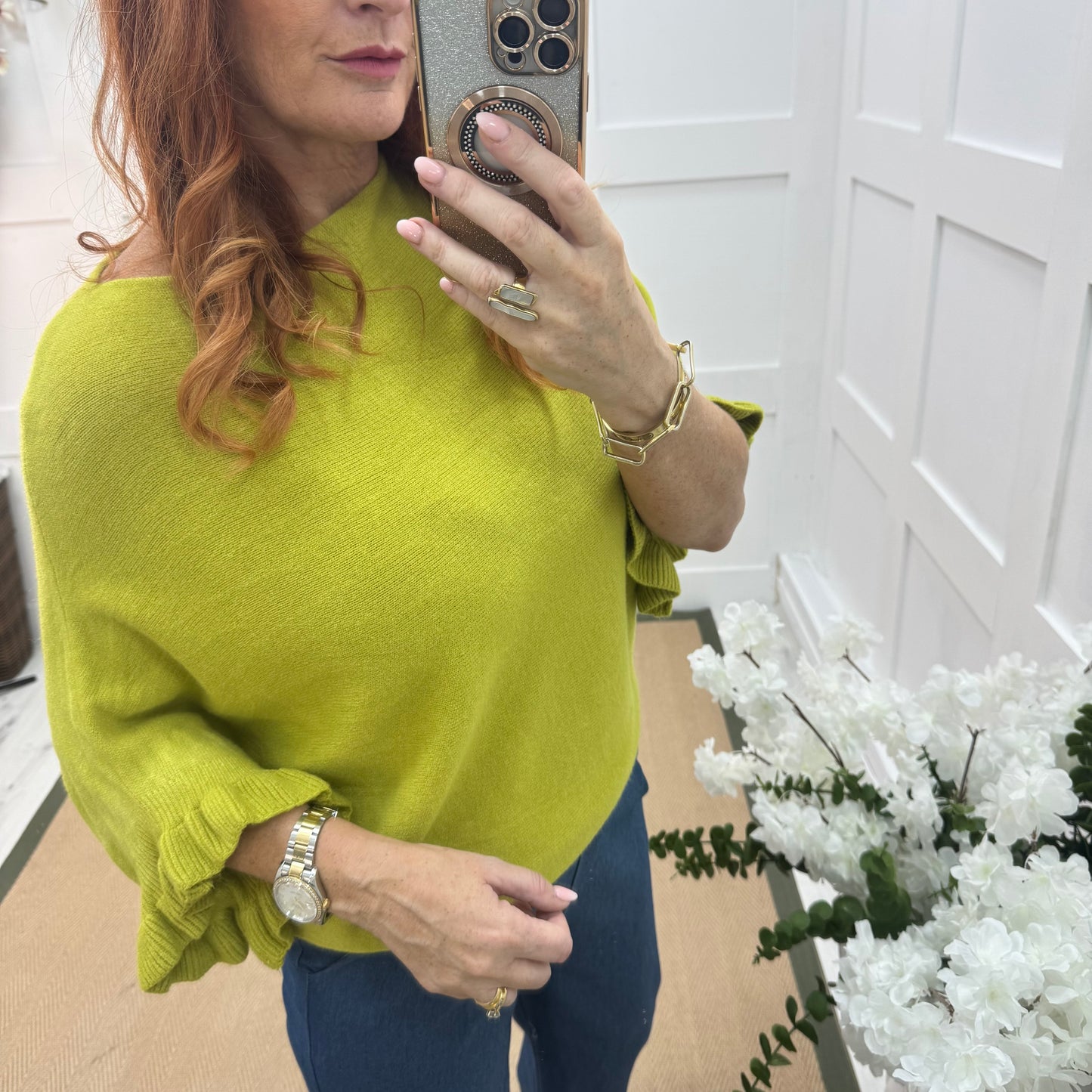Sierra: Lime batwing fluted sleeve knitted top. One Size 12-18/20