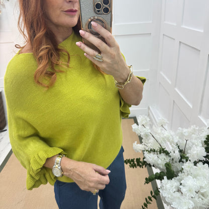 Sierra: Lime batwing fluted sleeve knitted top. One Size 12-18/20