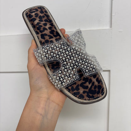 Patsy: Clear & rhinestone H style sliders. Sizes: 3-8