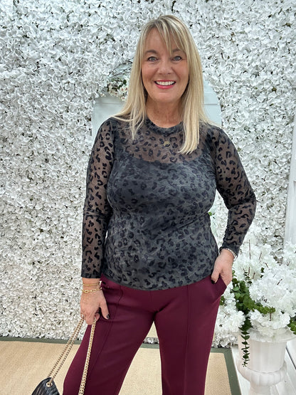 Rhianna: Black velvet leopard print mesh top. One Sz: 10-16