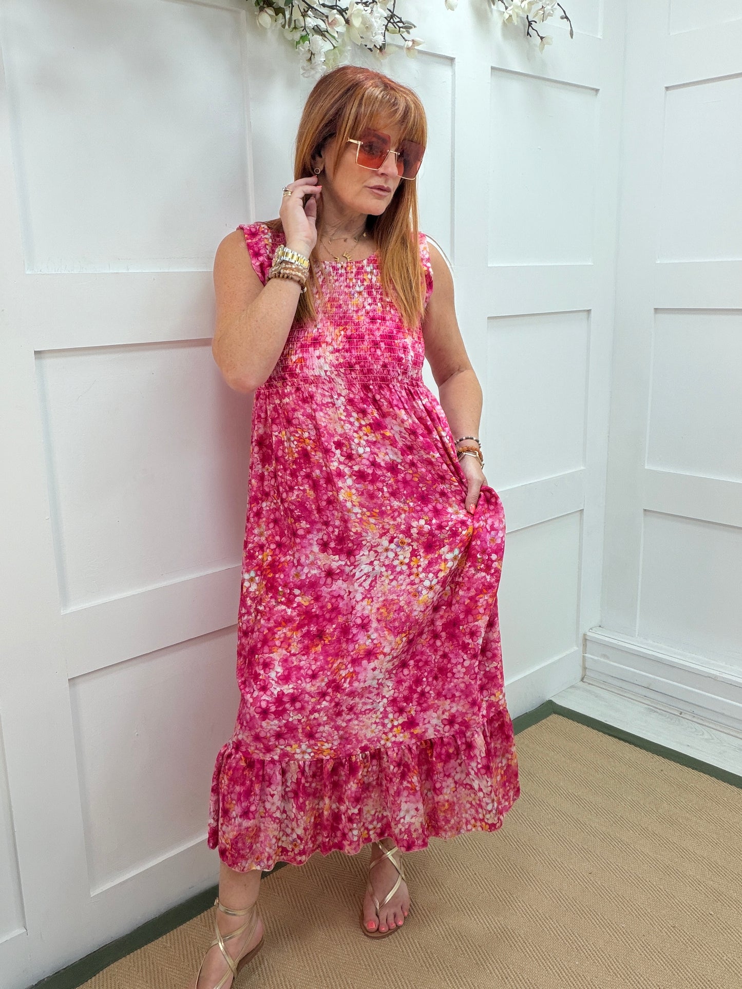 Carmen: Floral shirred midi dress. One size 10-16. Various colours