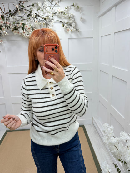 Sophie: Collared long sleeve striped soft knit top. One size: 10-16. 2 colours
