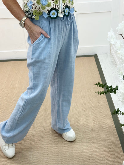 Tori: Soft blue cotton wide leg trousers. One size: 8-16