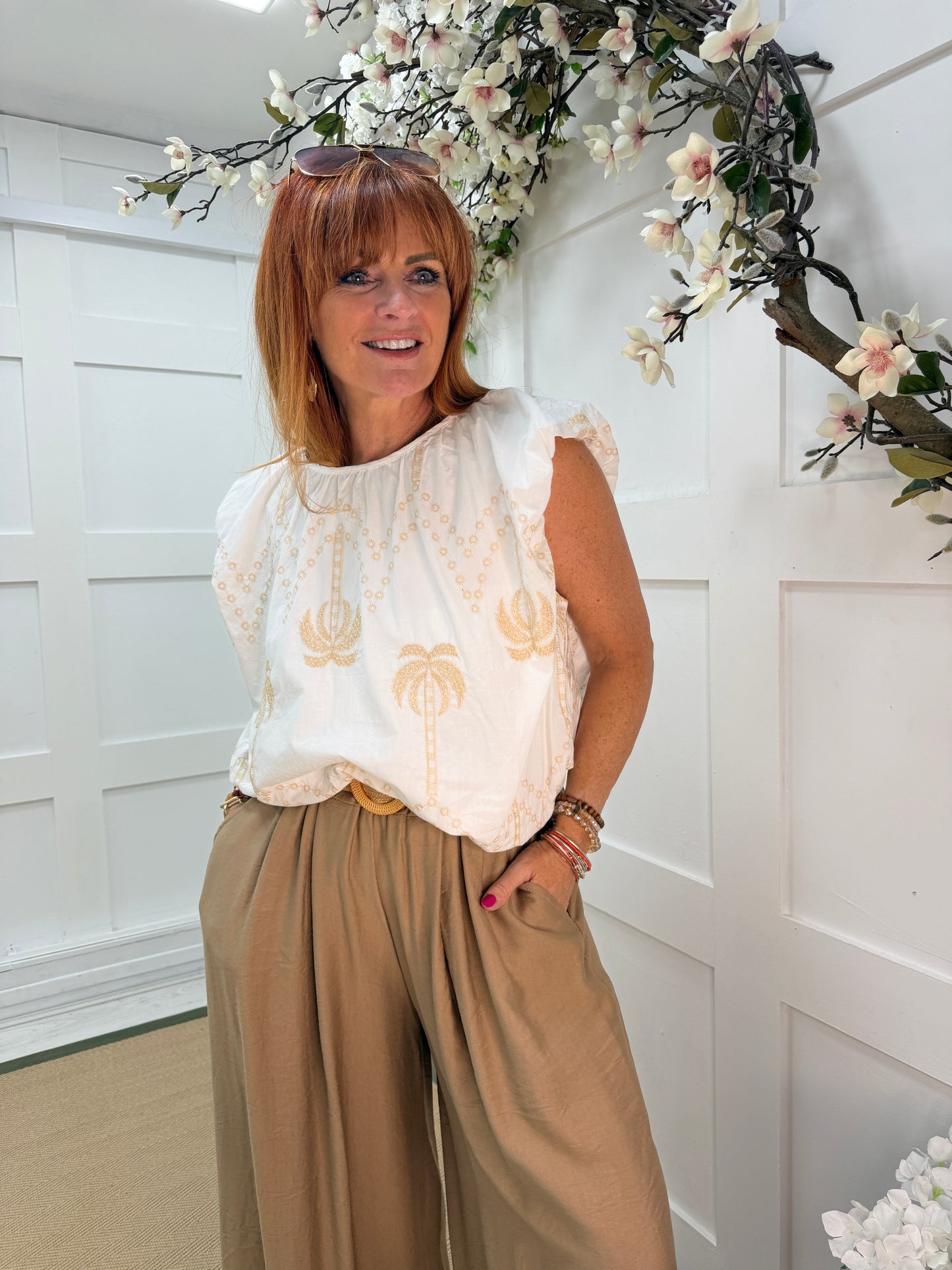 Palma: Palm tree print embroidered top. One Sz: 10- 16. 3 colours