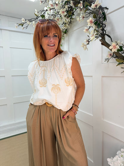 Palma: Palm tree print embroidered top. One Sz: 10- 16. 3 colours