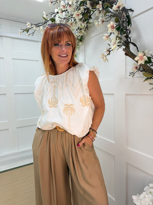 Palma: Palm tree print embroidered top. One Sz: 10- 16. 3 colours