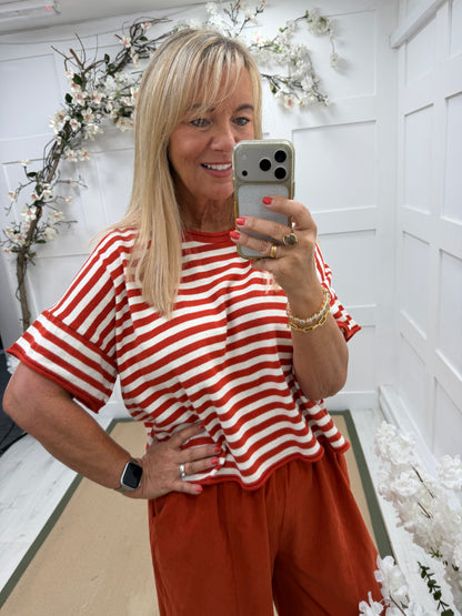 Suki: Short sleeve stripe knit top. One size: 12-18. 2 colours