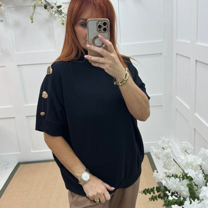 Camille: Burgundy short sleeve gold button top. One Size 12-20