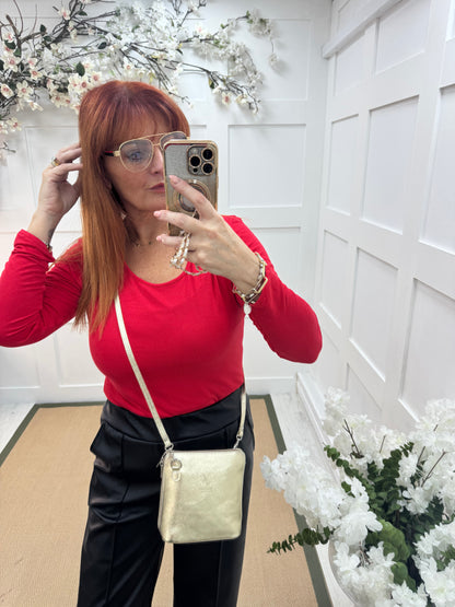 Bessie: Red basic long sleeve top. One size: 10-16/18