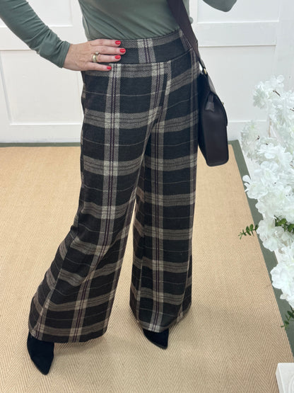 Tamara: Khaki wide leg tartan check trousers. One size 10-16