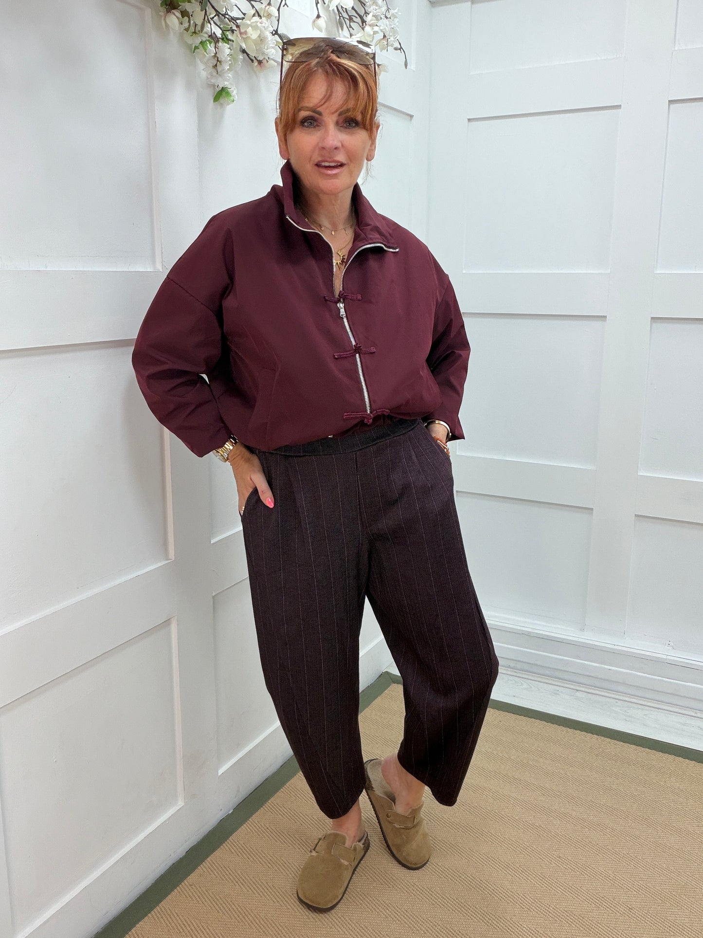 Roxy: Pinstripe barrel leg pocket trousers. One size: 10-18. 3 colours