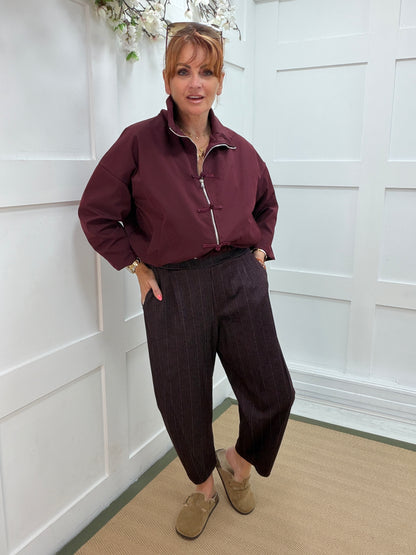 Roxy: Pinstripe barrel leg pocket trousers. One size: 10-18. 3 colours