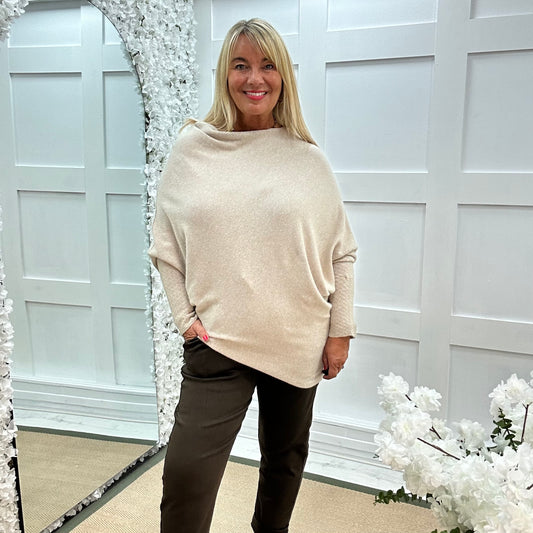 Erica: Stone asymmetrical slouch soft knit top. One size 10-18