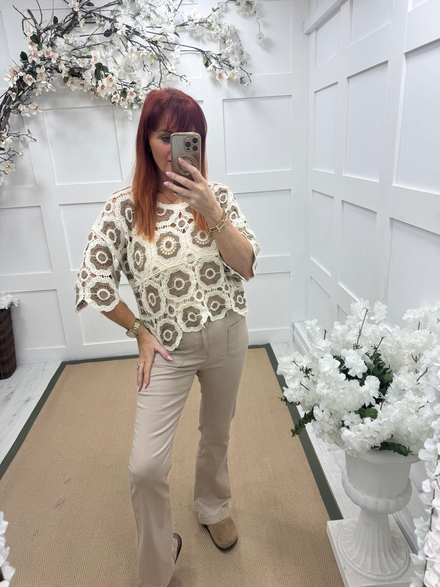 Candy: Mocha and cream short crochet top. One size: 12-16